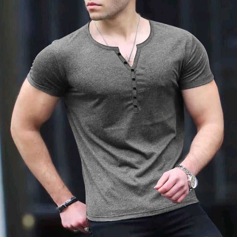 Herren Kurzarm-Henley-T-Shirt mit Knopfleiste und weichem Baumwollmaterial R&B