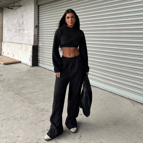 Damen modisches Streifen-Set mit cropped Oberteil und weit geschnittenen Hosen R&B