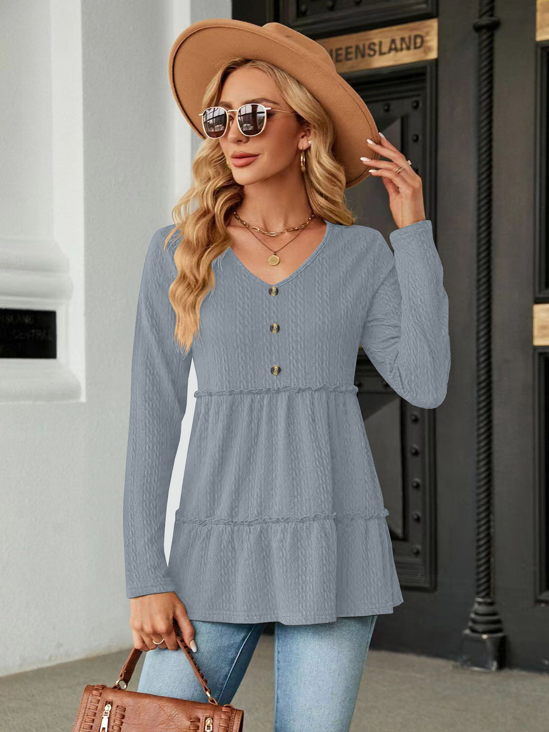 Damen Langarm Tunika mit Knopfdetail und Volant R&B