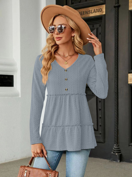 Damen Langarm Tunika mit Knopfdetail und Volant R&B