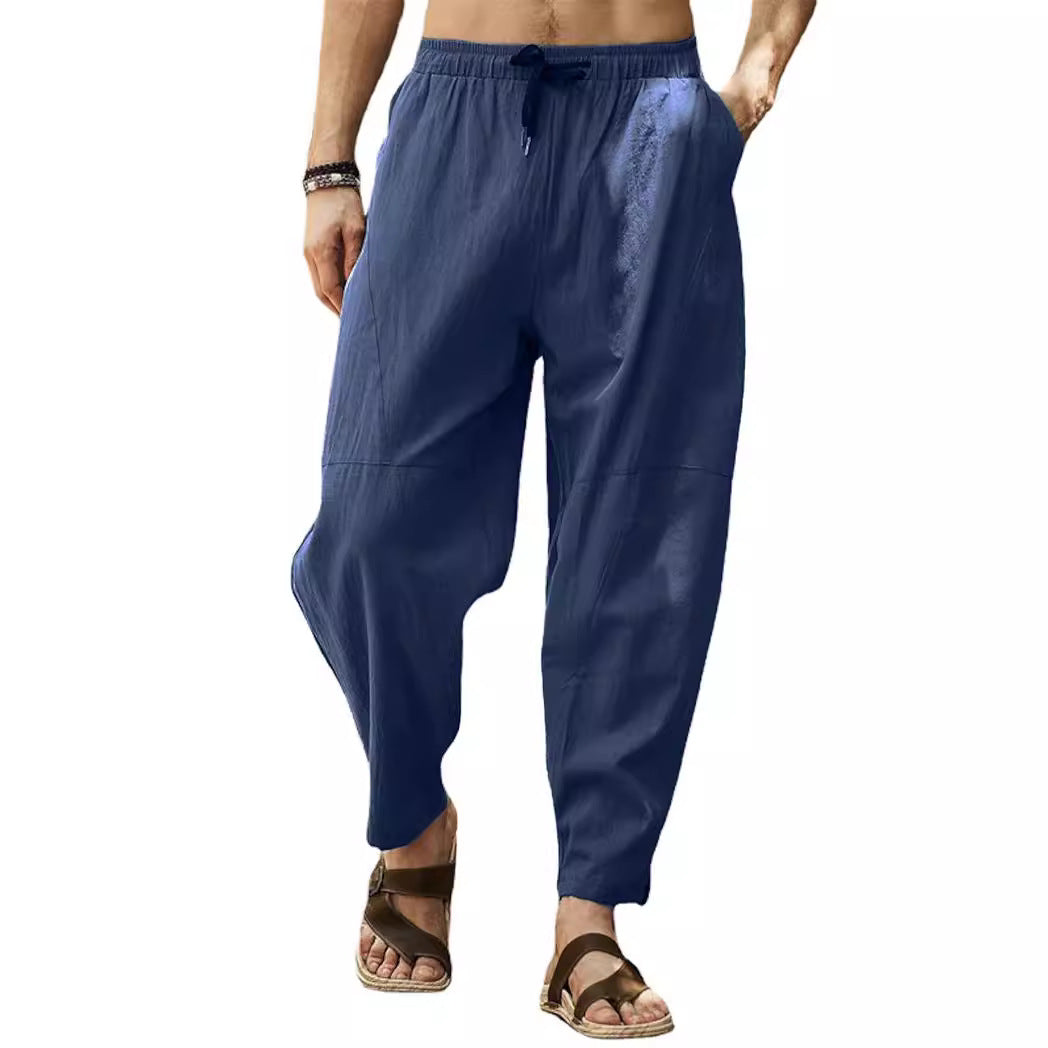 Herren nan lässige Leinenharemshose mit elastischem Bund und seitlichen Eingrifftaschen R&B