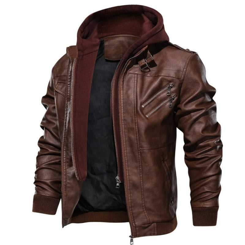 Herren Kunstlederjacke mit abnehmbarer Kapuze und praktischen Taschen R&B