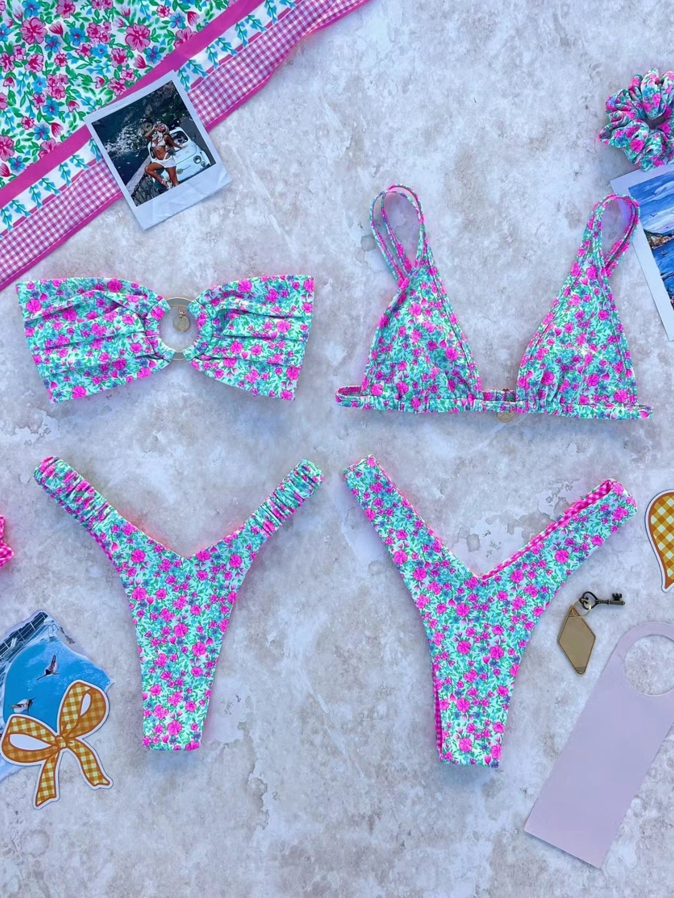 Damen Bikini-Set mit modischem Rüschendesign und floralem Muster R&B