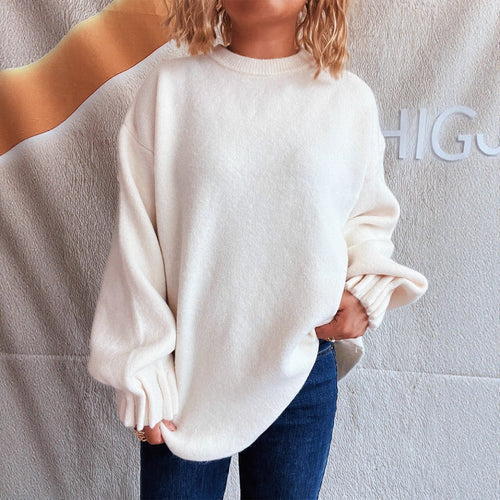 Damen lässiger Strickpullover mit weitem Rundhalsausschnitt und fluffiger Textur R&B