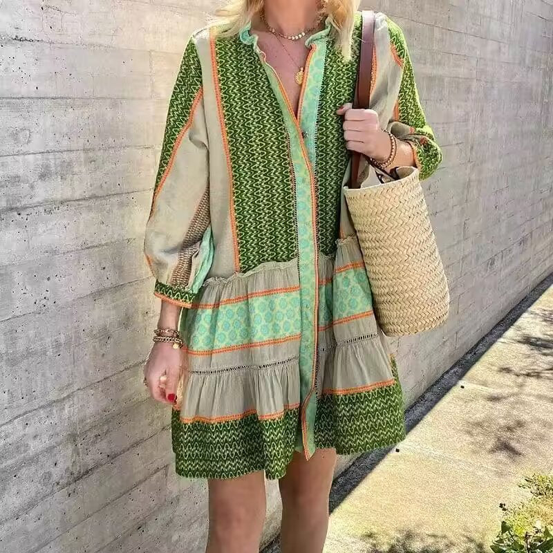 Damen Langarmhemdkleid mit elegantem Muster und Rüschensaum R&B