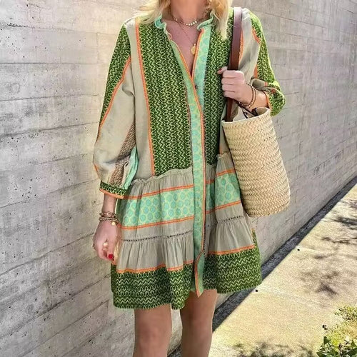Damen Langarmhemdkleid mit elegantem Muster und Rüschensaum R&B