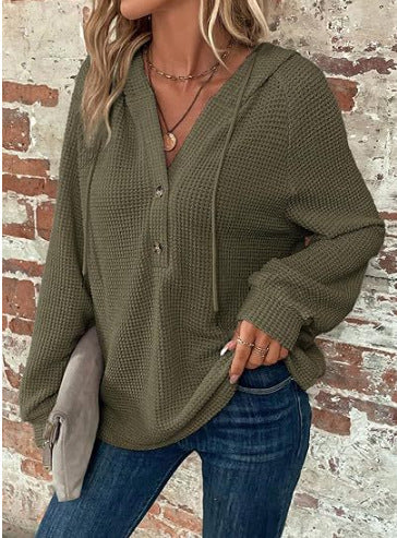 Damen lässiger Kapuzenpullover mit Knopfdetails und strukturiertem Gewebe R&B