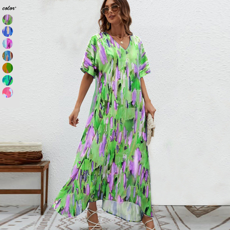 Damen Maxikleid mit V-Ausschnitt und weitem Schnitt R&B