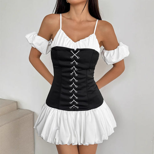Damen Rüschenkleid mit Schnürung und abnehmbaren Trägern R&B