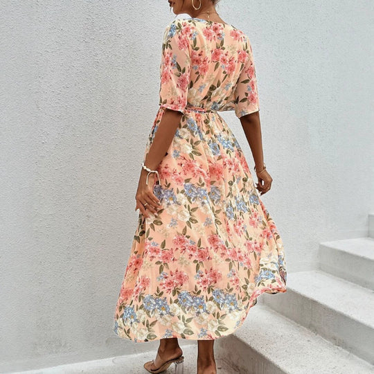 Damen nan florales V-Ausschnitt-Bindekleid mit tailliertem Gürtel und seitlichem Beinschlitz R&B