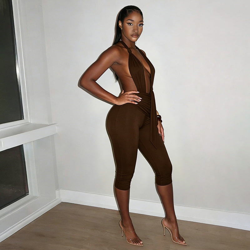 Damen Eleganter Jumpsuit mit tiefem V-Ausschnitt und figurformendem Design R&B