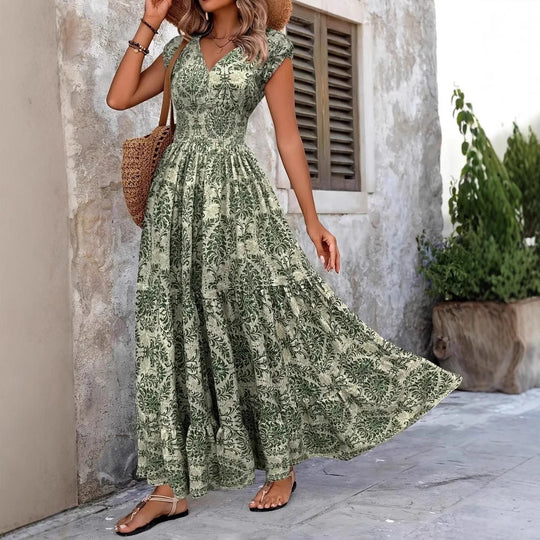 Damen Maxikleid mit romantischem Vintage-Muster und fließendem Schnitt R&B