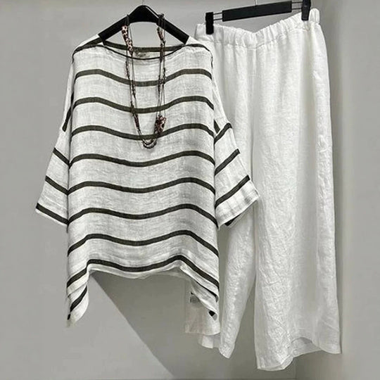 Damen nan lässiges Leinen-Set mit asymmetrischer Streifenbluse und weiter Elastikbund-Hose R&B