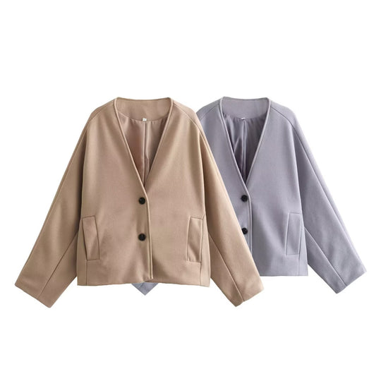 Damen modische Kurzjacke mit elegantem Revers und praktischen Taschen R&B
