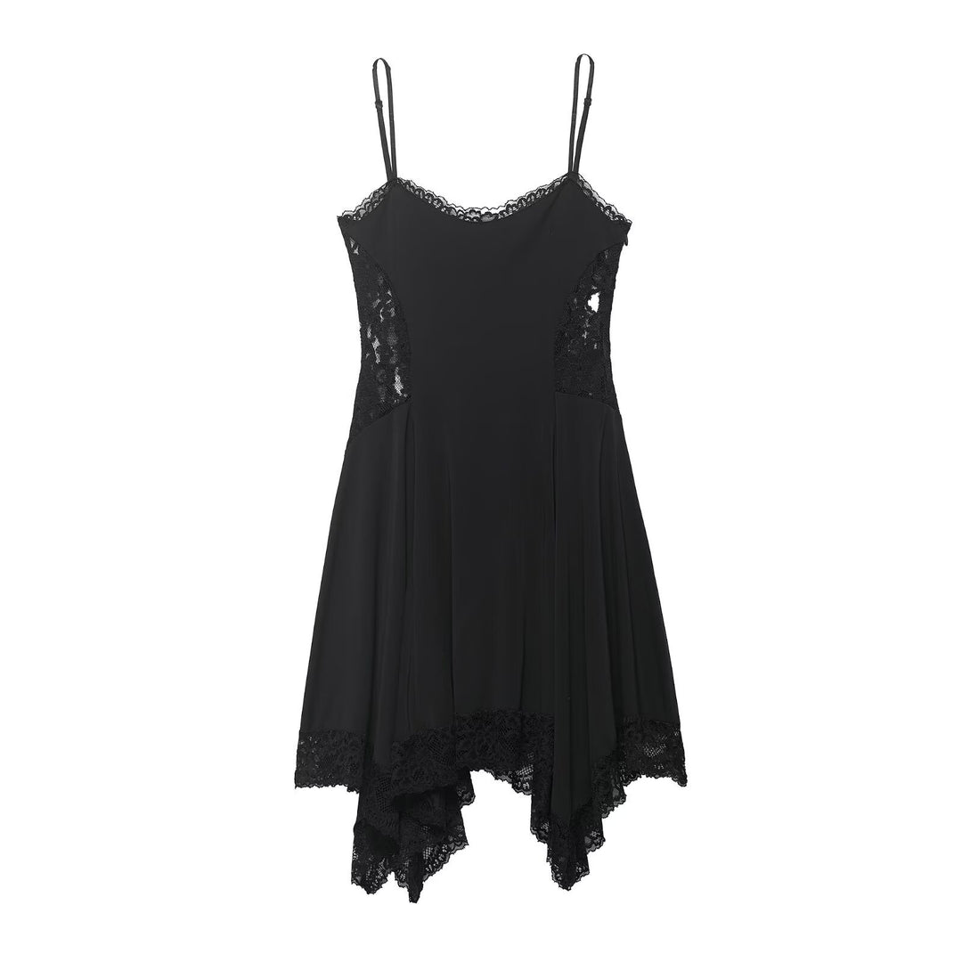 Damen Spitzen- und Satin-Kleid mit asymmetrischem Saum und verstellbaren Trägern R&B