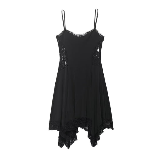 Damen Spitzen- und Satin-Kleid mit asymmetrischem Saum und verstellbaren Trägern R&B