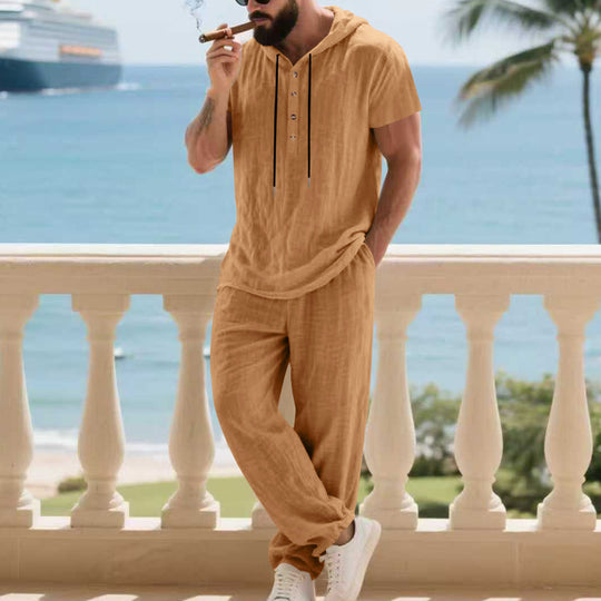 Herren komfortables Freizeit-Set mit modischem Henley-Oberteil und lockeren Hosen R&B