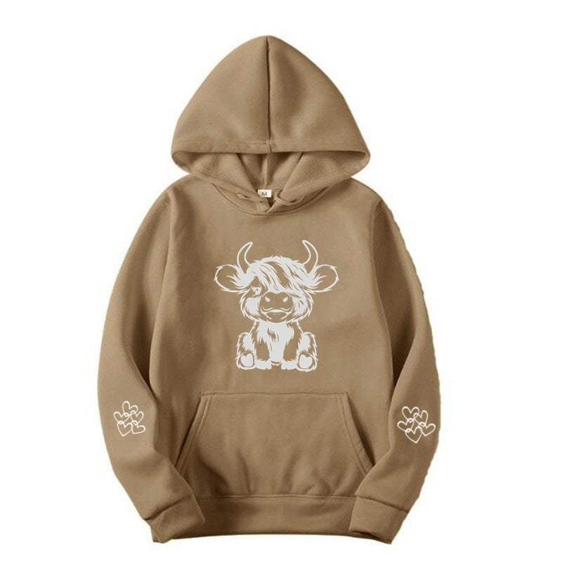 Damen Kapuzensweater mit entzückendem Kuhmotiv und praktischen Kängurutaschen R&B