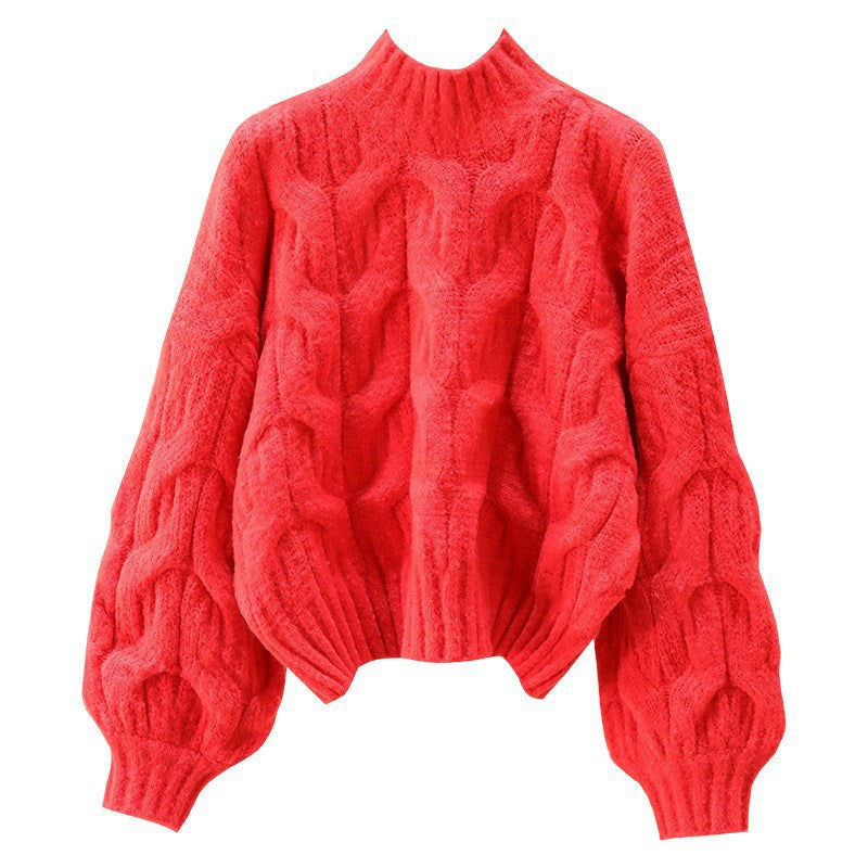 Damen kuscheliger Strickpullover mit voluminösen Ärmeln und Zopfmuster R&B