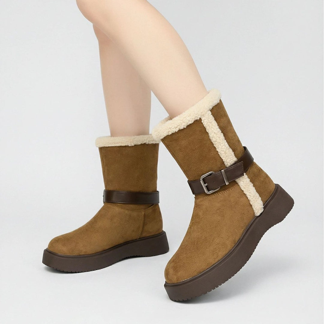 Damen Modische und warme Stiefel mit kuscheligem Innenfutter und praktischer Schnalle R&B
