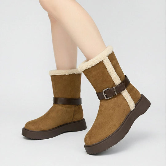 Damen Modische und warme Stiefel mit kuscheligem Innenfutter und praktischer Schnalle R&B