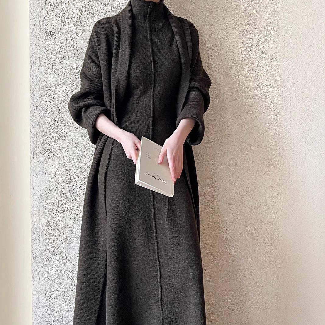 Damen Langer Strickmantel mit hohem Kragen und elegantem Schnitt R&B