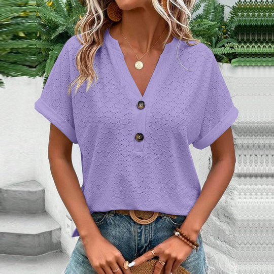 Damen modisches Kurzarm-Oberteil mit Knopfdetails und Struktur R&B