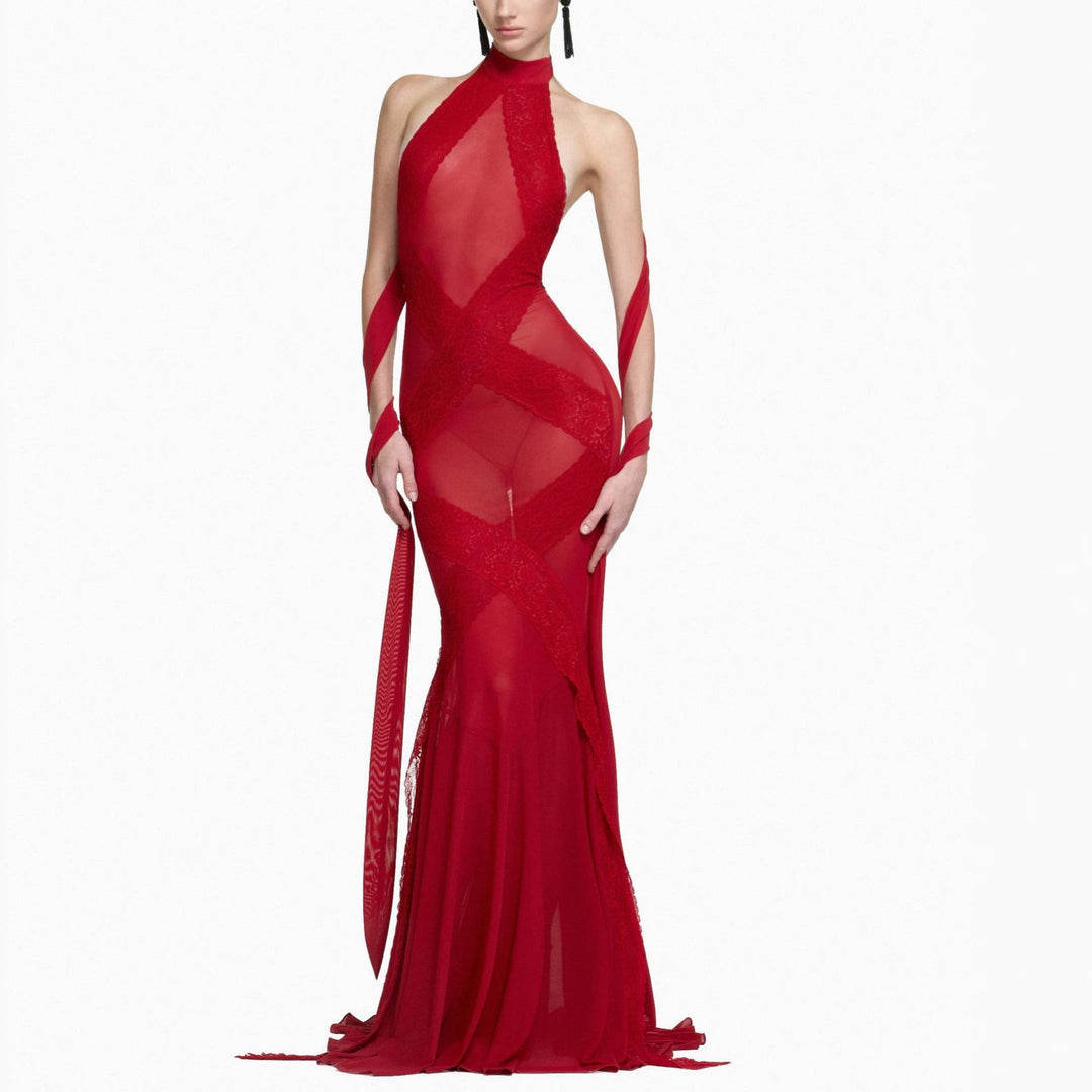 Damen Glamouröses Langarmkleid mit transparenten Einsätzen und raffinierten Drapierungen R&B