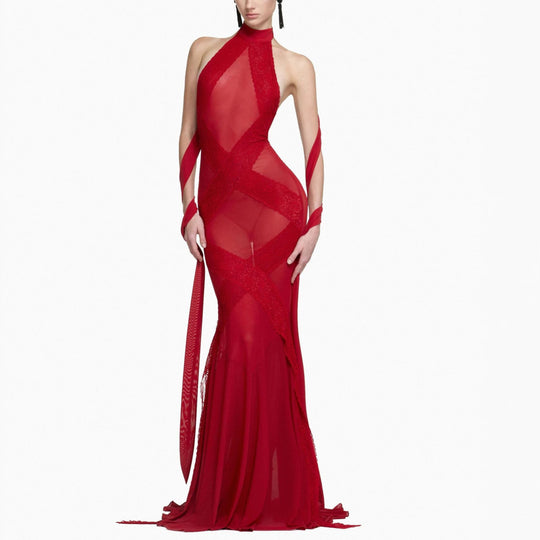 Damen Glamouröses Langarmkleid mit transparenten Einsätzen und raffinierten Drapierungen R&B