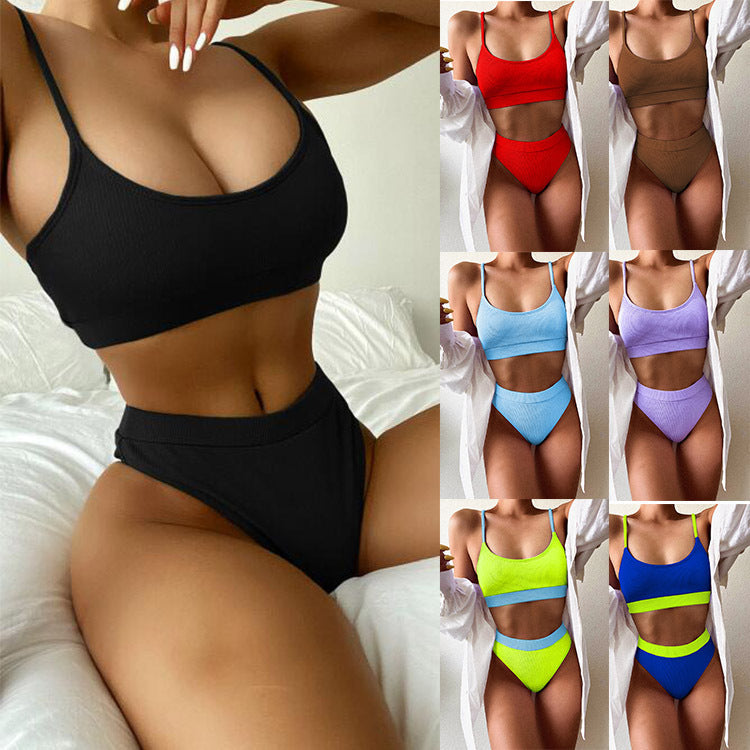 Damen Hochgeschnittener Ripp-Bikini mit verstellbaren Trägern