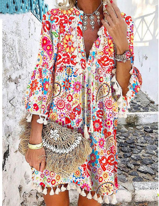 Damen Tunika-Kleid mit verspieltem Paisleymuster und elastischen Ärmeln R&B