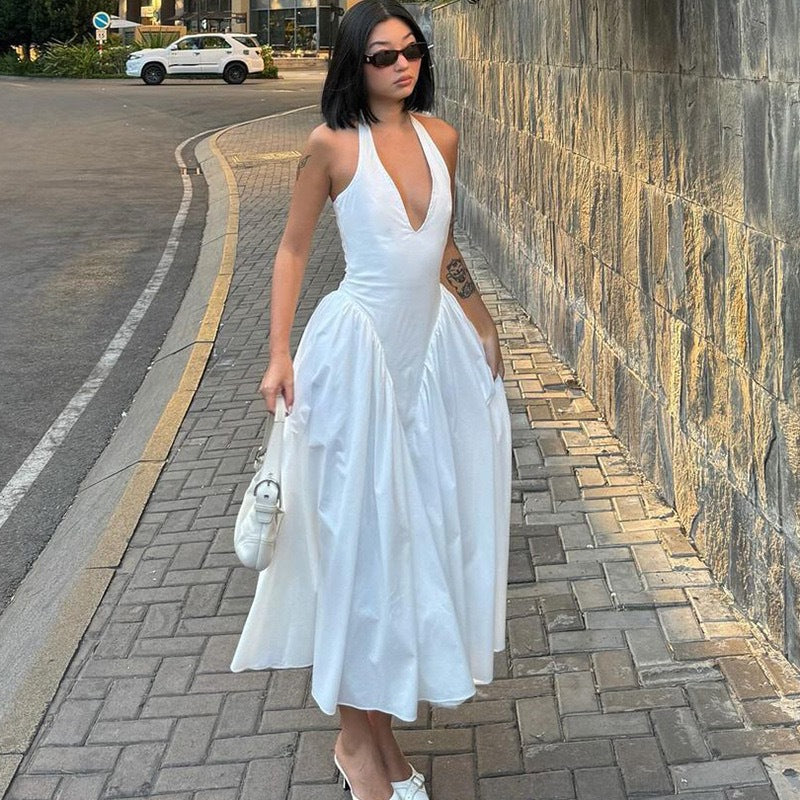 Damen Elegantes Maxikleid mit tiefem V-Ausschnitt und fließendem Rock R&B