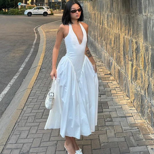 Damen Elegantes Maxikleid mit tiefem V-Ausschnitt und fließendem Rock R&B