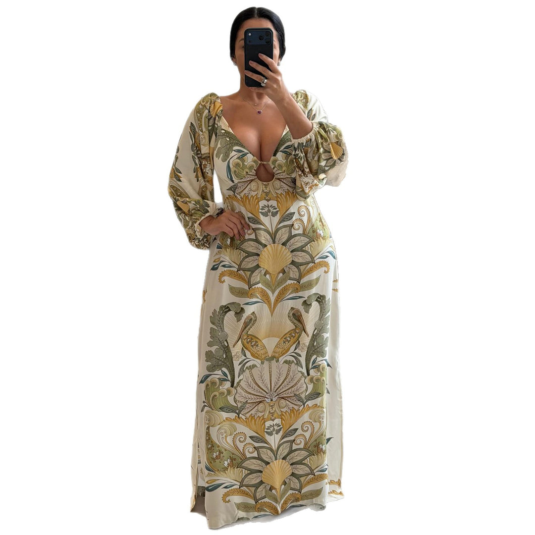 Damen Maxikleid mit kunstvollem Floral-Design und tiefem V-Ausschnitt R&B