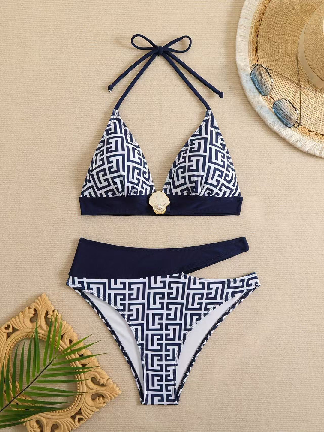 Damen Triangel-Bikini mit elegantem geometrischem Muster R&B