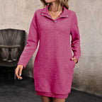 Damen lässiges Sweatkleid mit modernen Knopfdetails und hohem Kragen R&B