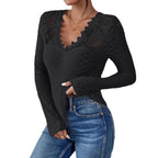 Damen nan figurbetontes Spitzen-Langarmshirt mit gezacktem V-Ausschnitt R&B