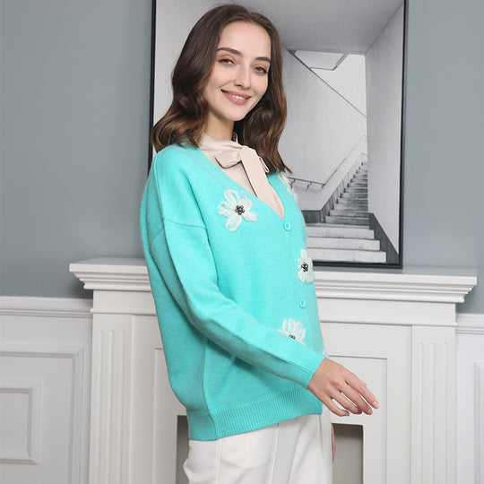 Damen Strickjacke mit floralem Motiv und eleganter Knopfleiste R&B
