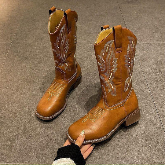 Damen Westernstiefel mit filigraner Stickerei und bequemem Blockabsatz R&B