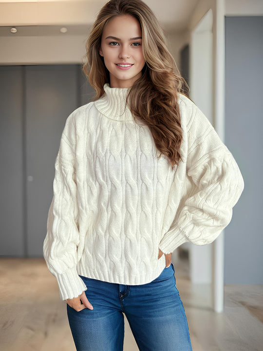 Damen Strickpullover mit hohem Kragen und strukturierter Zopfoptik R&B