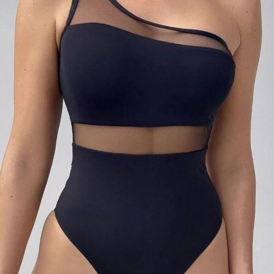 Damen einseitiger Badeanzug mit transparenten Einsätzen R&B