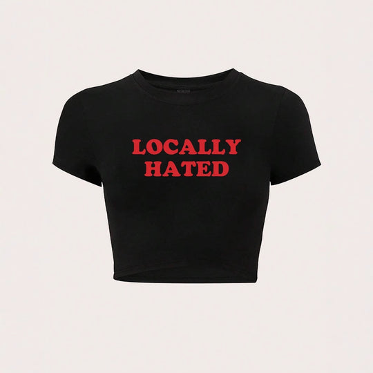 Damen Crop-T-Shirt mit auffälligem Schriftzug und figurbetontem Design R&B