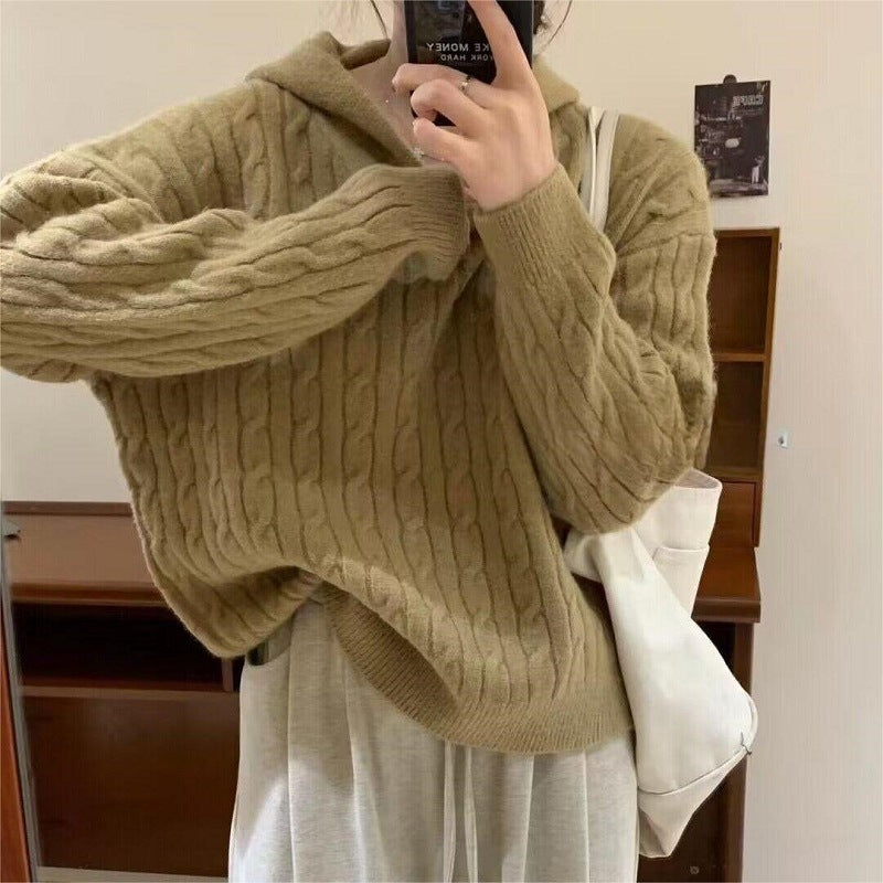Damen Kuscheliger Strickpullover mit Kapuze und Kabelmuster R&B