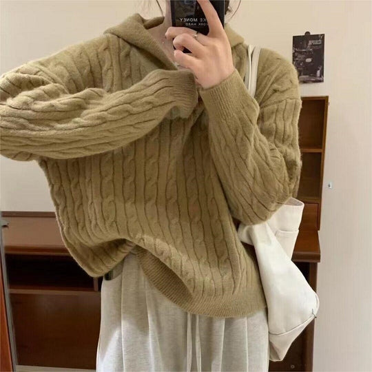 Damen Kuscheliger Strickpullover mit Kapuze und Kabelmuster R&B