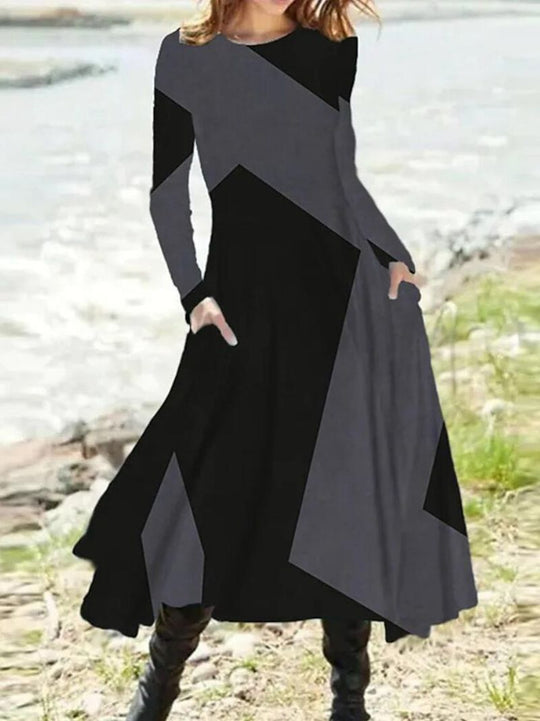 Damen nan geometrisches Maxikleid mit langen Ärmeln, A-Linien-Schnitt und seitlichen Eingrifftaschen R&B
