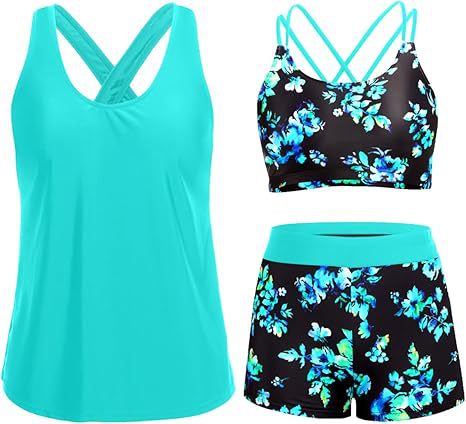 Damen Sportliches Tankini-Set mit floralem Oberteil und Shorts R&B