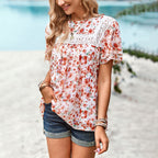 Damen Blumenmuster-Bluse mit Spitzenbesatz R&B