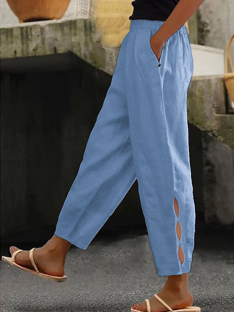 Damen Leichte Leinenhose mit seitlichen Schlitzen und elastischem Bund R&B