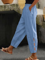 Damen Leichte Leinenhose mit seitlichen Schlitzen und elastischem Bund R&B