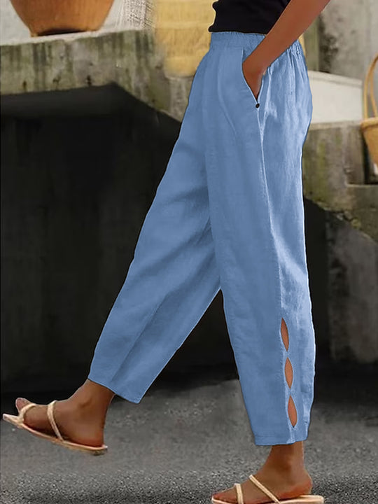 Damen Leichte Leinenhose mit seitlichen Schlitzen und elastischem Bund R&B